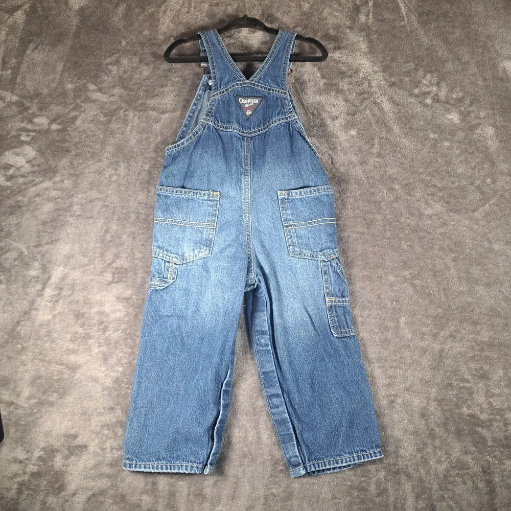 OshKosh B'gosh Blue Denim Carpenter Overalls 24 Months Yellow Logo Patch Casual